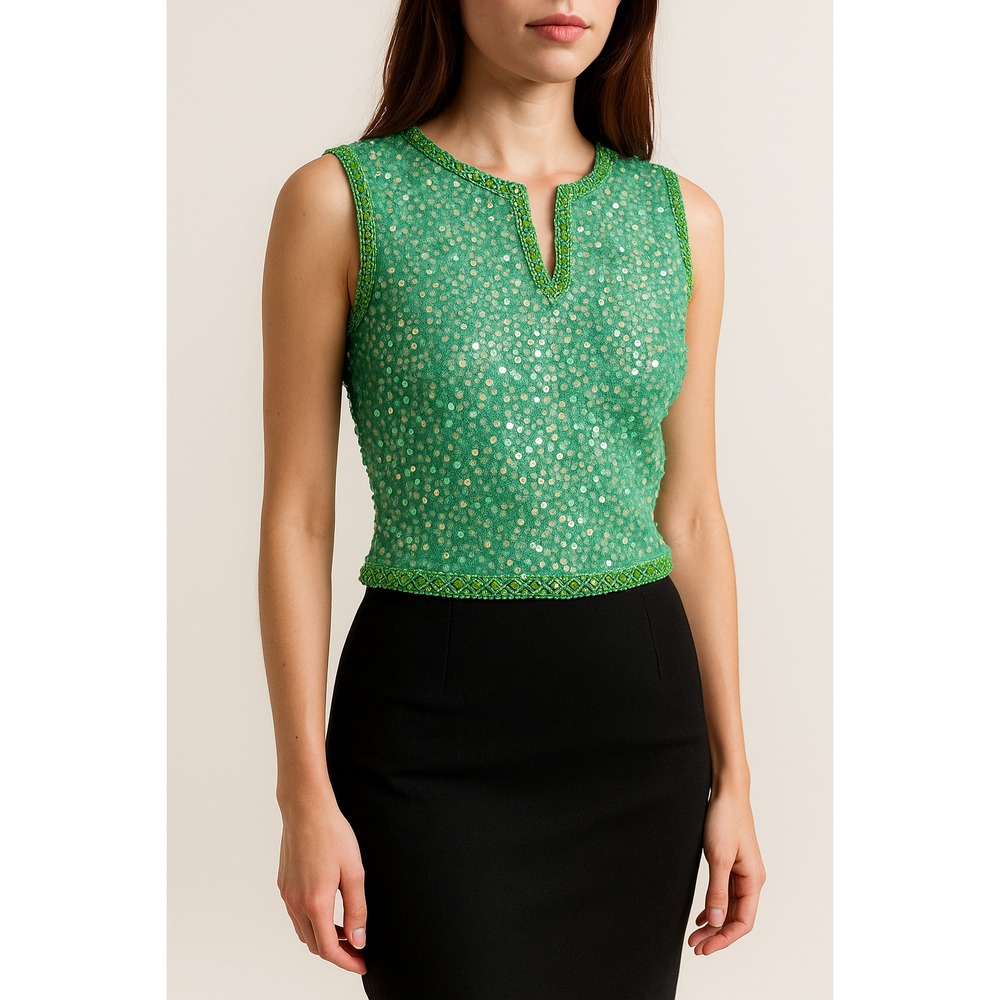 VTG 60s Hong Kong Beaded Wool Top‎ Womens Small Green Sequin Party Glam Cocktail